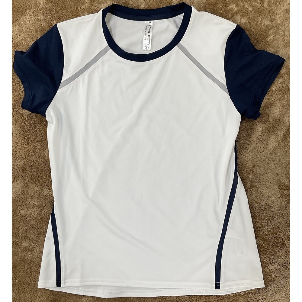 InPhorm Women's S Golf Tennis Athletic Shirt White W/ Blue Sleeves & Accents 485